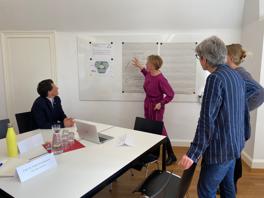 Lehrer Personen stehen vor einer FlipChart und diskutieren